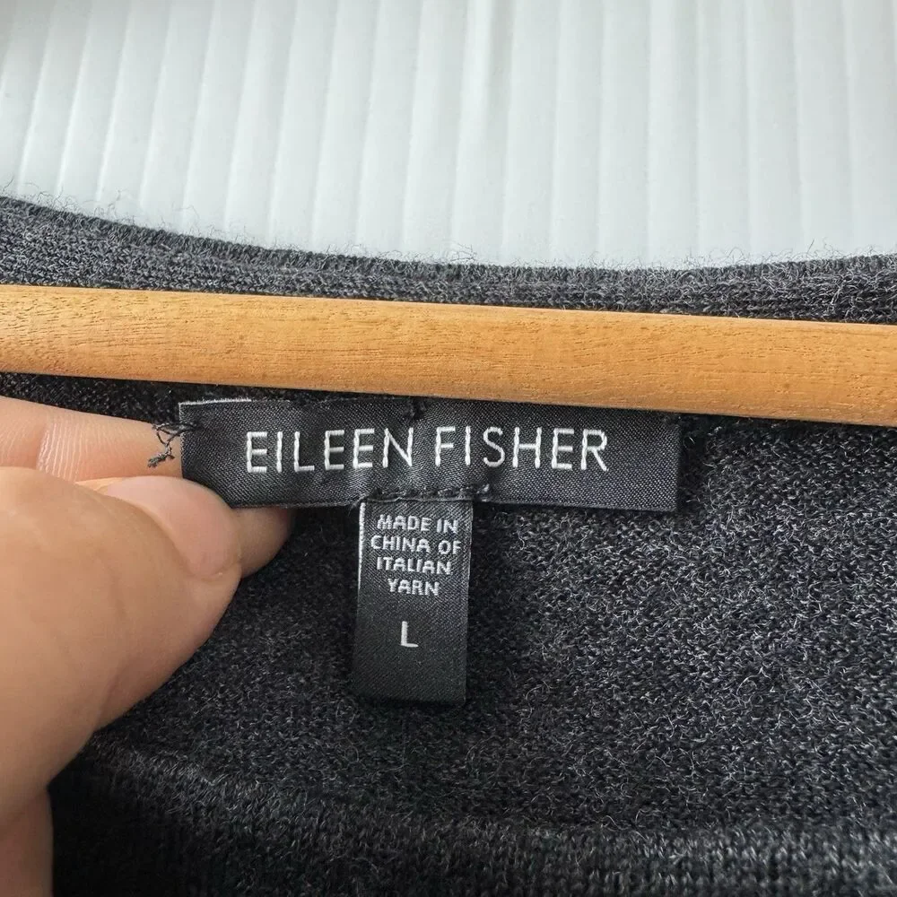 EILEEN FISHER 100% Merino Wool Italian Yarn Black Gray Sz L Sweater Top